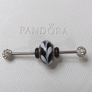 Pandora Vintage Silver Black And White Swirly Swirl Murano Glass Charm